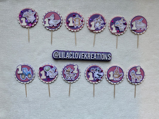PINK/PURPLE FARM ANIMAL CUPCAKE TOPPERS